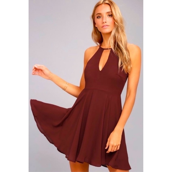 LULU’S Glamorous Grace Burgundy Skater Dress - Picture 1 of 9